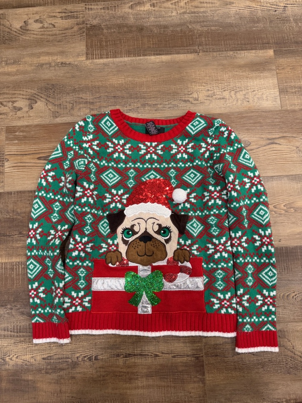 It's Our Time kids Festive Pug Crewneck Sweater - Red, Green, White youth xlarge